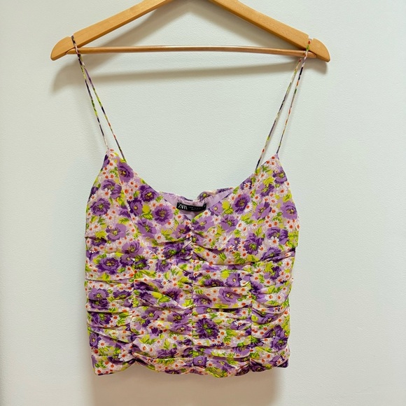 Zara Tops - Zara Floral Rouched Cropped Spaghetti Strap Tank Top Purple/Green Size Medium